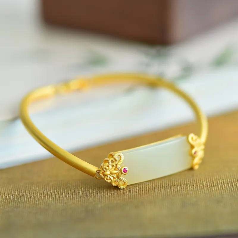 Yi Zhen Ge Hetian Jade S925 Silver Bangles Women's Pale Greenish White Jade-5