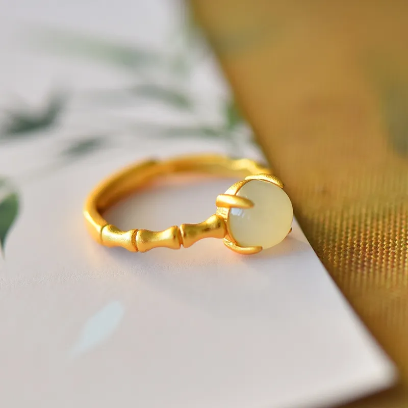 Yi Zhen Ge Hetian Jade S925 Silver Hetian Jade Rings Women's Pale Greenish White Jade-6