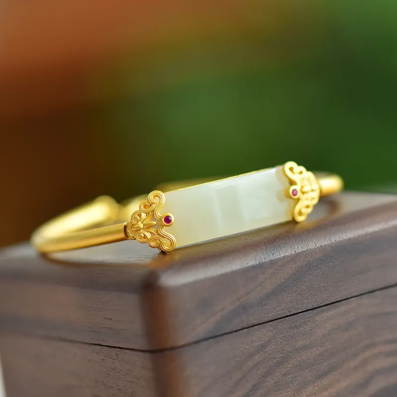 Yi Zhen Ge Hetian Jade S925 Silver Bangles Women's Pale Greenish White Jade-3