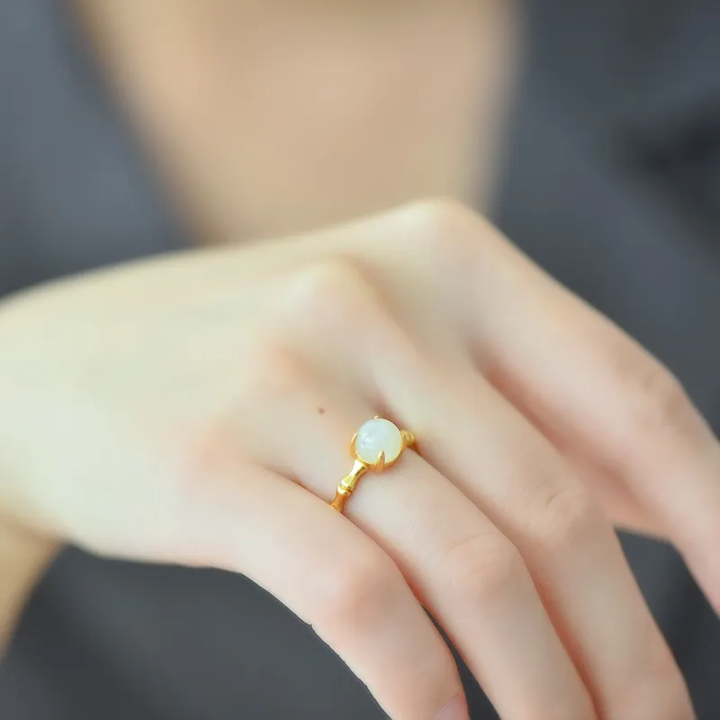 Yi Zhen Ge Hetian Jade S925 Silver Hetian Jade Rings Women's Pale Greenish White Jade-4