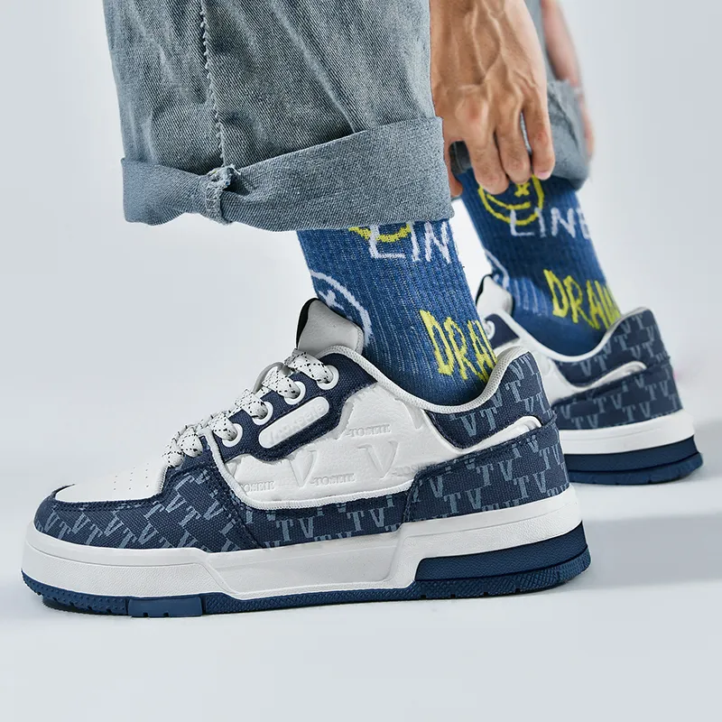 V TOXSEIE Mid Top Sports Skateboard Shoes Unisex White Blue-6