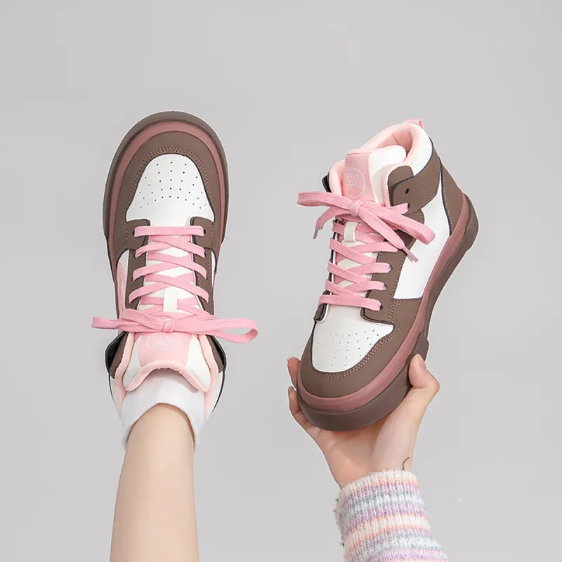 Feiyue High Top Skateboard Shoes Women's Beige/Brown/Light Pink-9
