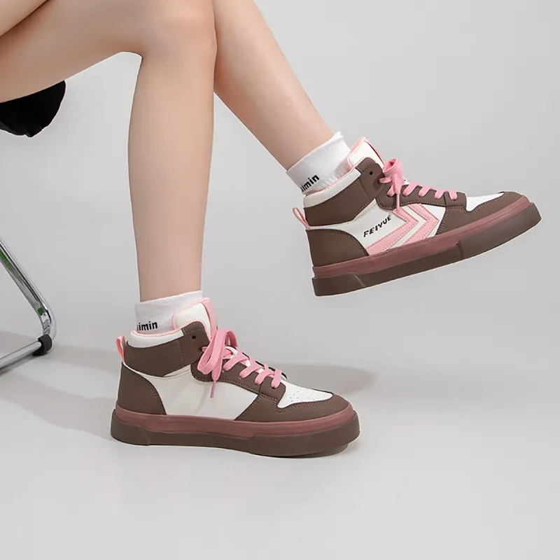 Feiyue High Top Skateboard Shoes Women's Beige/Brown/Light Pink-7