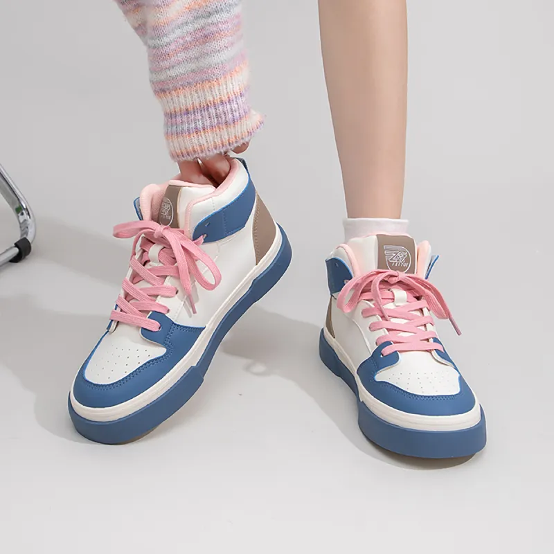 Feiyue High Top Skateboard Shoes Women's Beige/Blue/Black-6