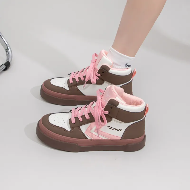 Feiyue High Top Skateboard Shoes Women's Beige/Brown/Light Pink-6
