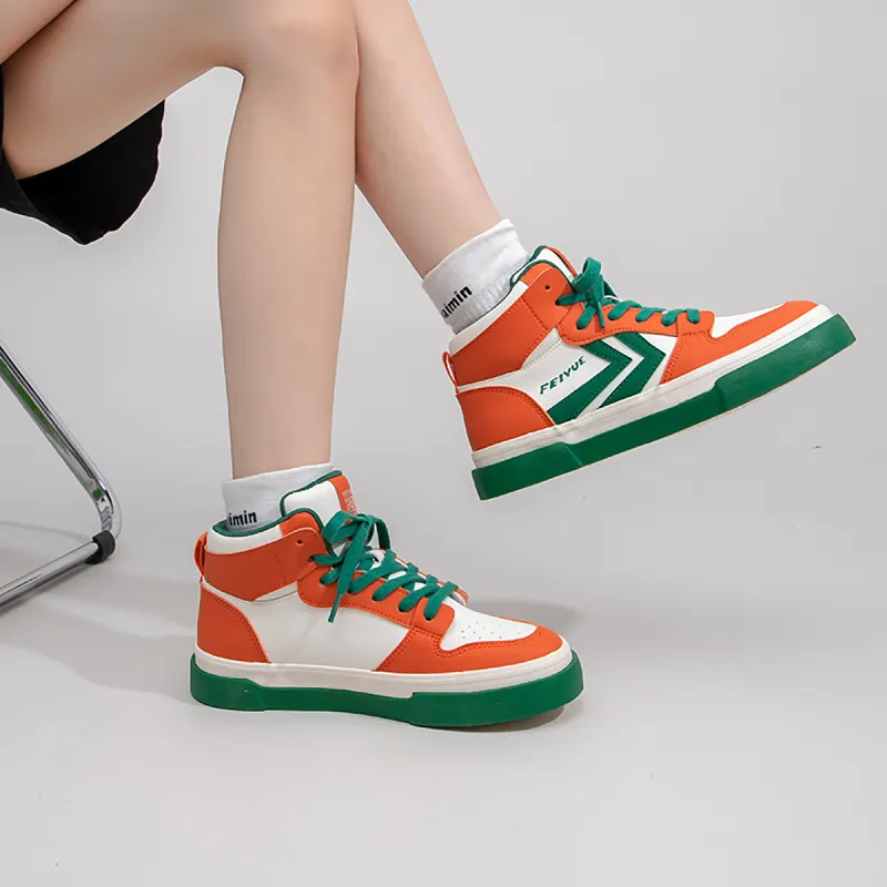 Feiyue Durable Breathable High Top Skateboard Shoes Women's Beige Orange Green-7
