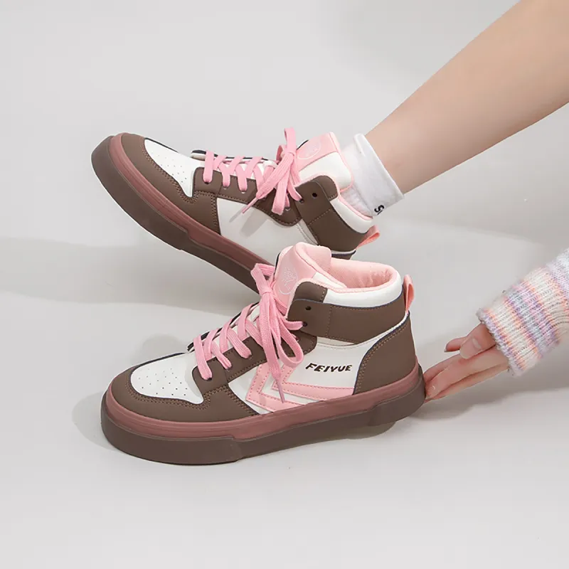 Feiyue High Top Skateboard Shoes Women's Beige/Brown/Light Pink-5