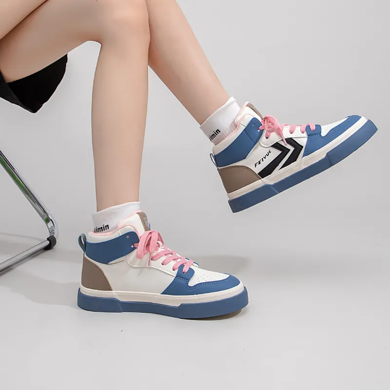 Feiyue High Top Skateboard Shoes Women's Beige/Blue/Black-7