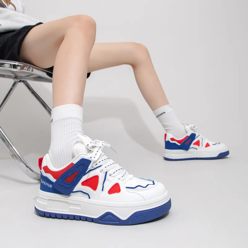 Feiyue High-Top Skateboard Shoes Women's White Royal Blue Red-5
