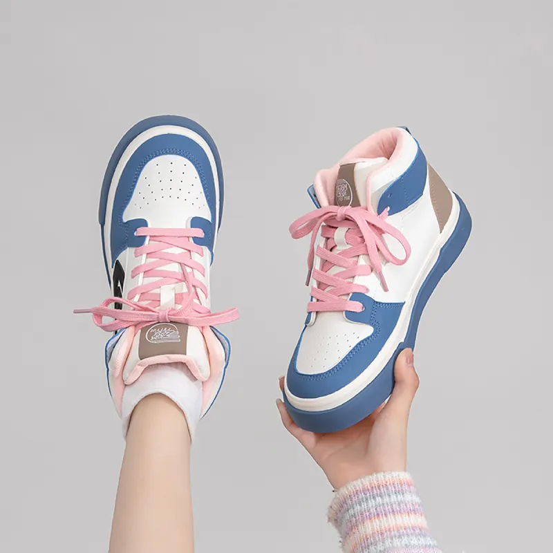 Feiyue High Top Skateboard Shoes Women's Beige/Blue/Black-5