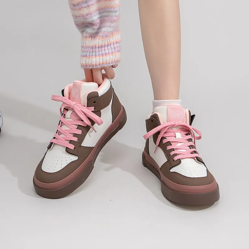 Feiyue High Top Skateboard Shoes Women's Beige/Brown/Light Pink-8