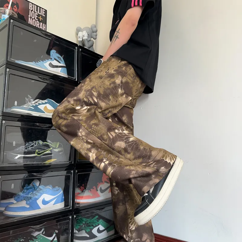 RAP PANDA Casual Pants Unisex Coffee Snakeskin Print-4
