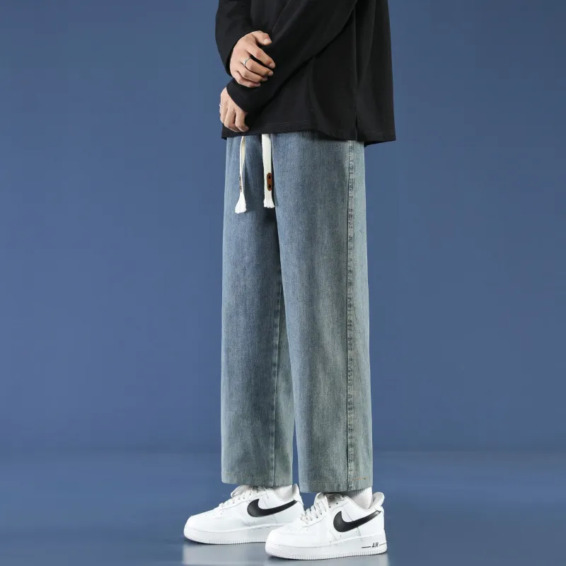 PANDA ADEVIL Japanese Vintage Preppy Style Loose Fit Straight Fit Wide Leg Ankle Length Jeans Unisex-44
