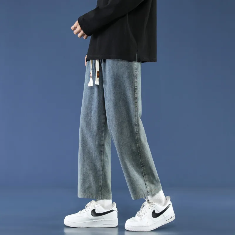 PANDA ADEVIL Japanese Vintage Preppy Style Loose Fit Straight Fit Wide Leg Ankle Length Jeans Unisex-46