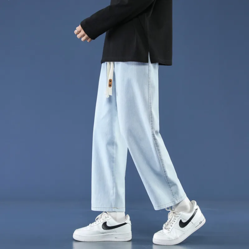 PANDA ADEVIL Japanese Vintage Preppy Style Loose Fit Straight Fit Wide Leg Ankle Length Jeans Unisex-32