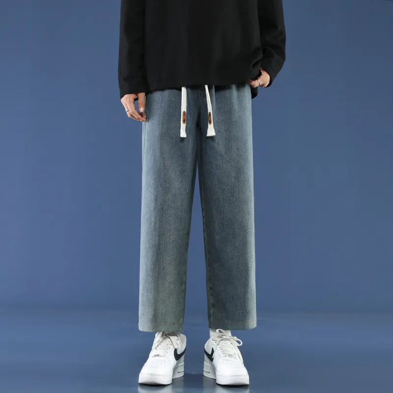 PANDA ADEVIL Japanese Vintage Preppy Style Loose Fit Straight Fit Wide Leg Ankle Length Jeans Unisex-47