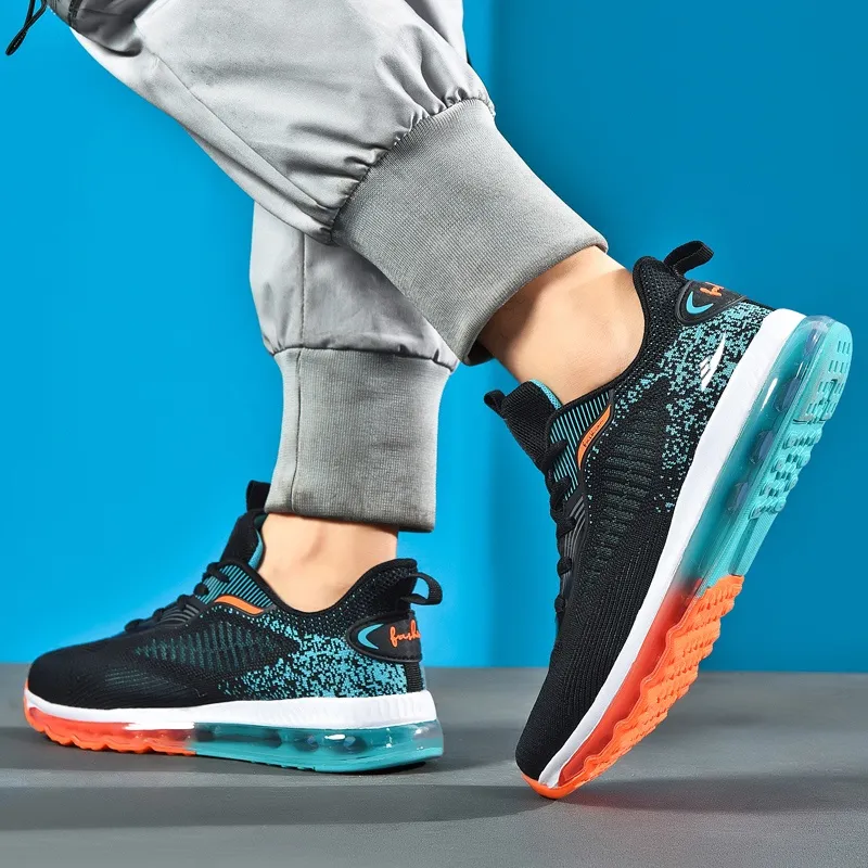 Kuding Running Shoes Men Low Top Black Turquoise White-3