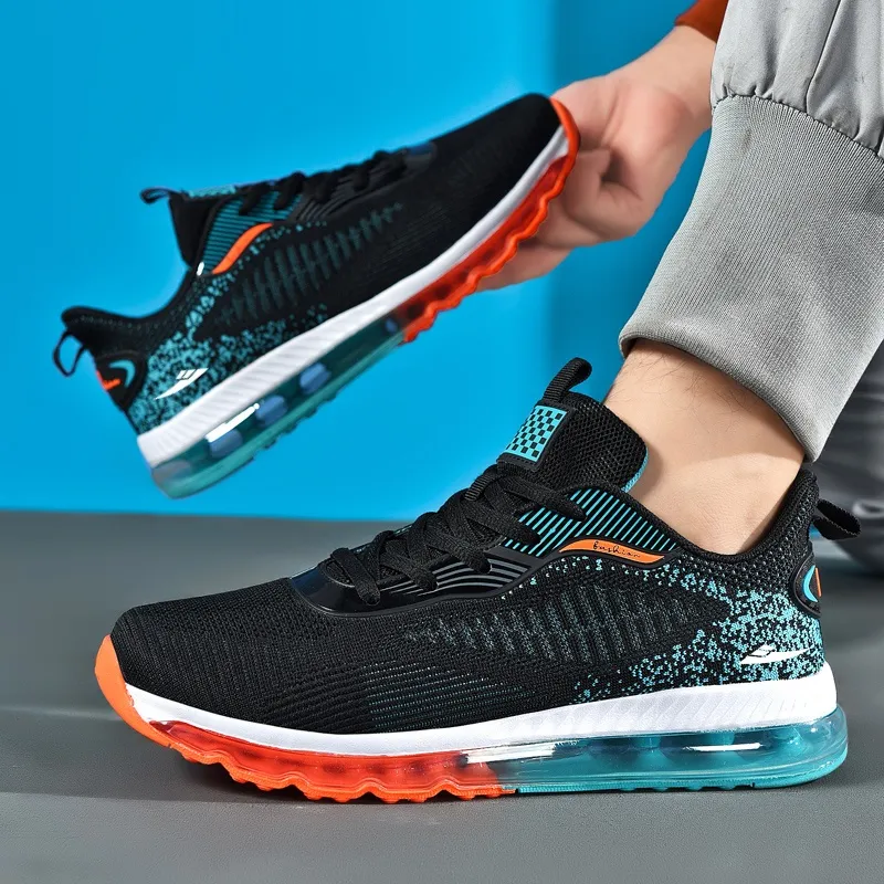 Kuding Running Shoes Men Low Top Black Turquoise White-1