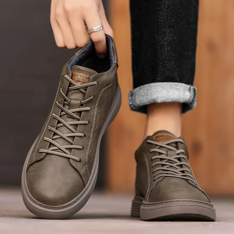 Kuding Skateboard Shoes Men Mid Top Black/Beige/Brown-10