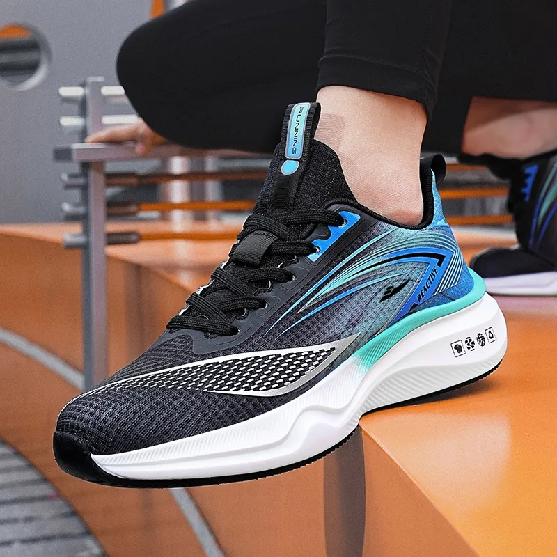 Kuding Running Shoes Men Low Top Black Lake Blue/Light Gray Orange/Green Orange-9
