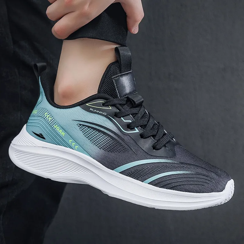 Kuding Running Shoes Men Low Top Black Green/Light Green/White Blue-2