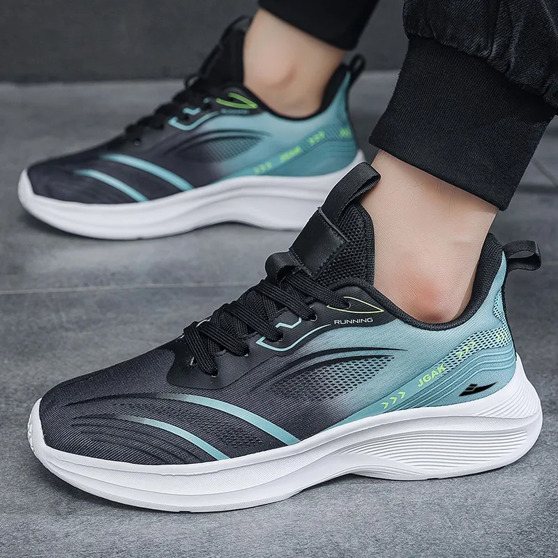 Kuding Running Shoes Men Low Top Black Green/Light Green/White Blue-1