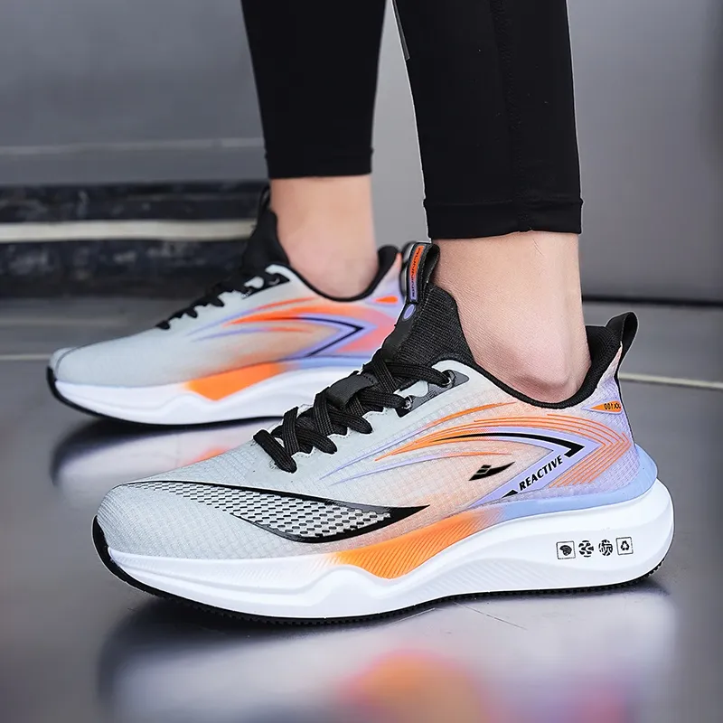 Kuding Running Shoes Men Low Top Black Lake Blue/Light Gray Orange/Green Orange-5