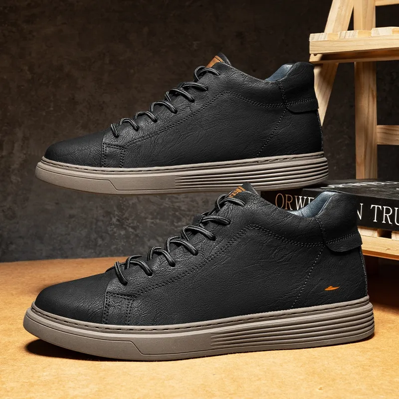 Kuding Skateboard Shoes Men Mid Top Black/Beige/Brown-3