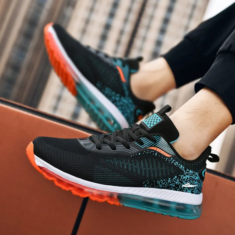 Kuding Running Shoes Men Low Top Black Turquoise White-2