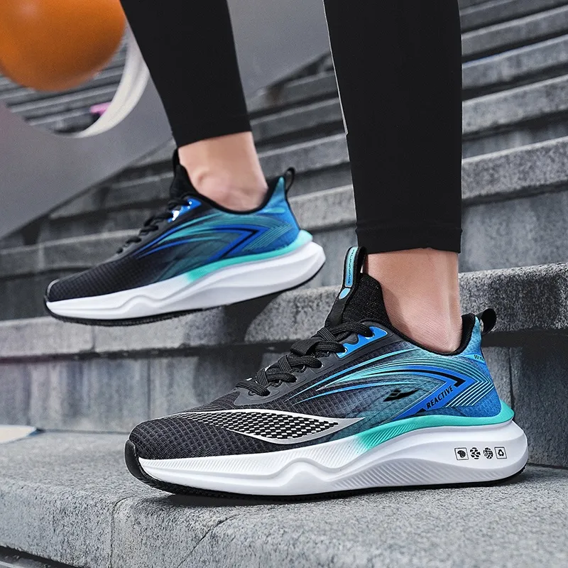Kuding Running Shoes Men Low Top Black Lake Blue/Light Gray Orange/Green Orange-8