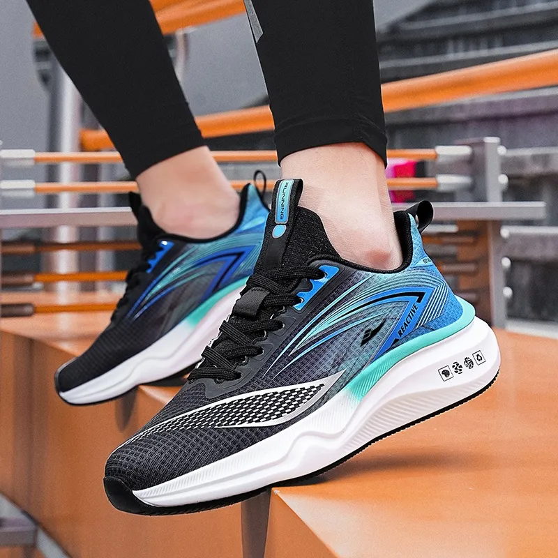 Kuding Running Shoes Men Low Top Black Lake Blue/Light Gray Orange/Green Orange-7