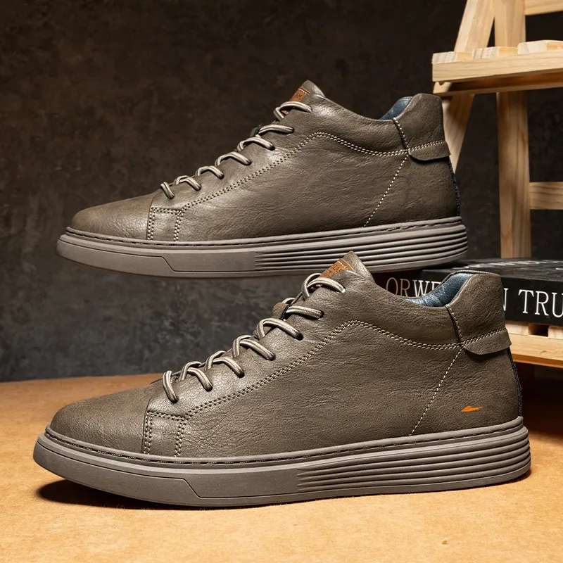 Kuding Skateboard Shoes Men Mid Top Black/Beige/Brown-11