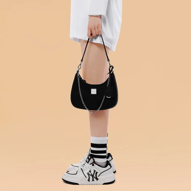 CASSILE Synthetic Leather Crescent Bag, Chain Shoulder Bag, Crossbody Bag Small Size Women's Black-6
