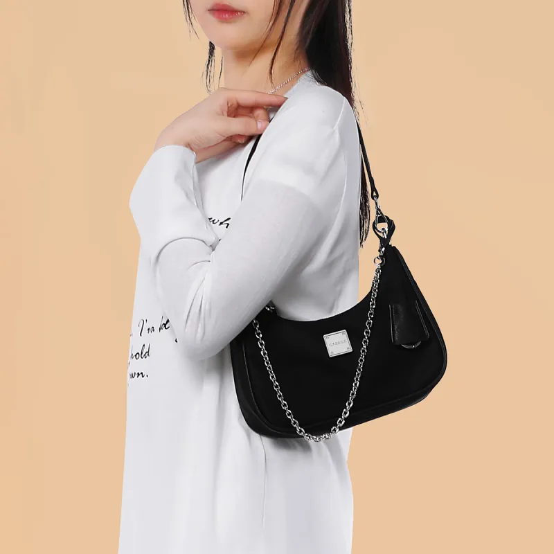 CASSILE Synthetic Leather Crescent Bag, Chain Shoulder Bag, Crossbody Bag Small Size Women's Black-5