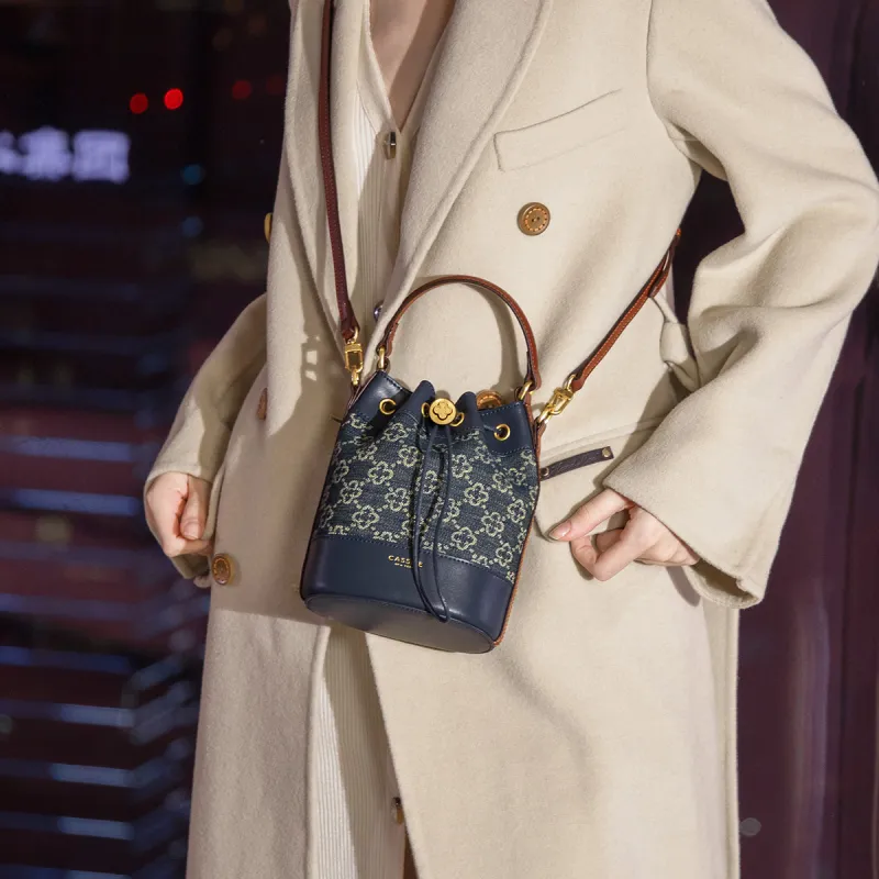 CASSILE Denim One Shoulder Crossbody Small Bag Portable Denim Canvas Bag Small Size Women's Royal Blue With Cognac-5