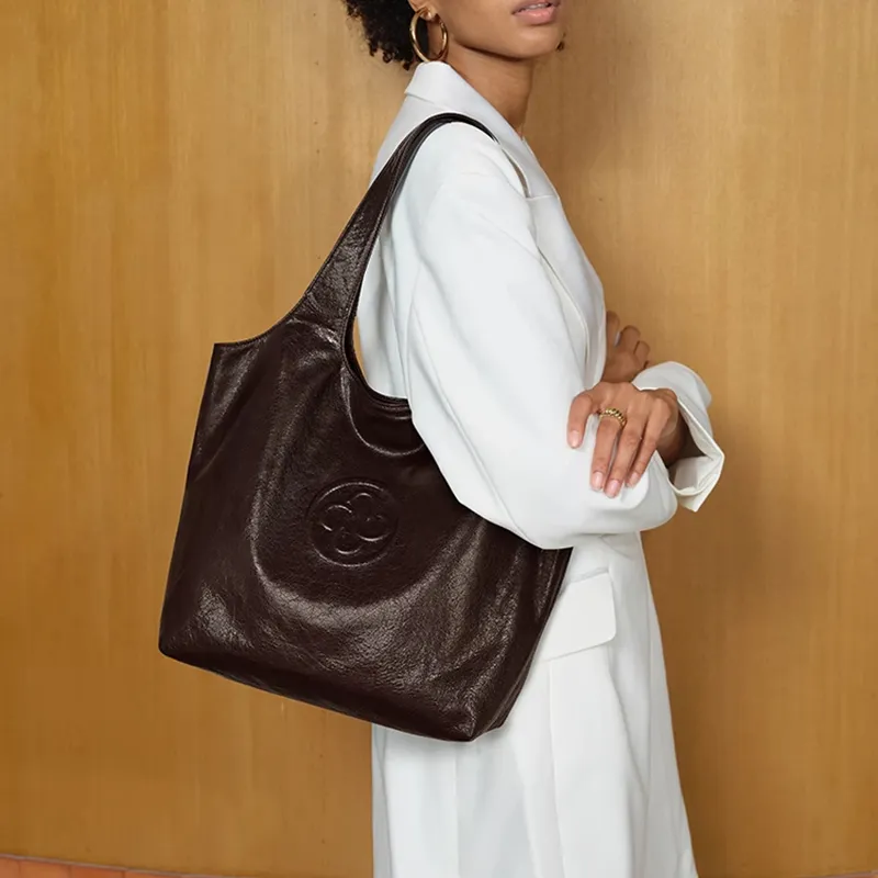 CASSILE Italy Version Imported Sheepskin Crystal Sheepskin Lightweight Tote Shoulder Bag Large Size Women's Chocolate-5
