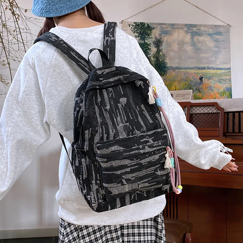 SEVENMOONS Denim Backpack Unisex Light Blue/Black/Dark Blue-5