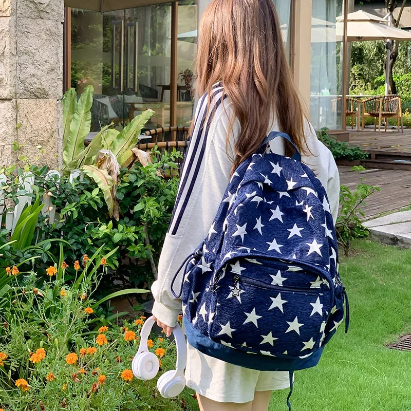 SEVENMOONS Polyester Backpack Regular Unisex Star Red/Star Blue/Stripes Gray-4