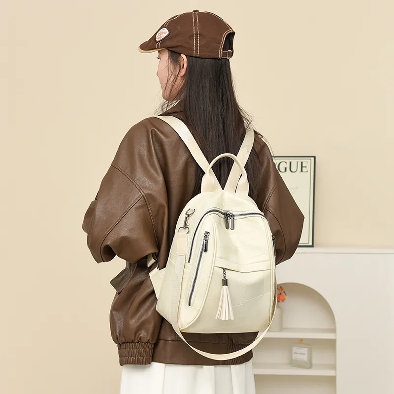 SEVENMOONS PU Backpack Unisex Ecru/Silver/Black/Dark Brown-1