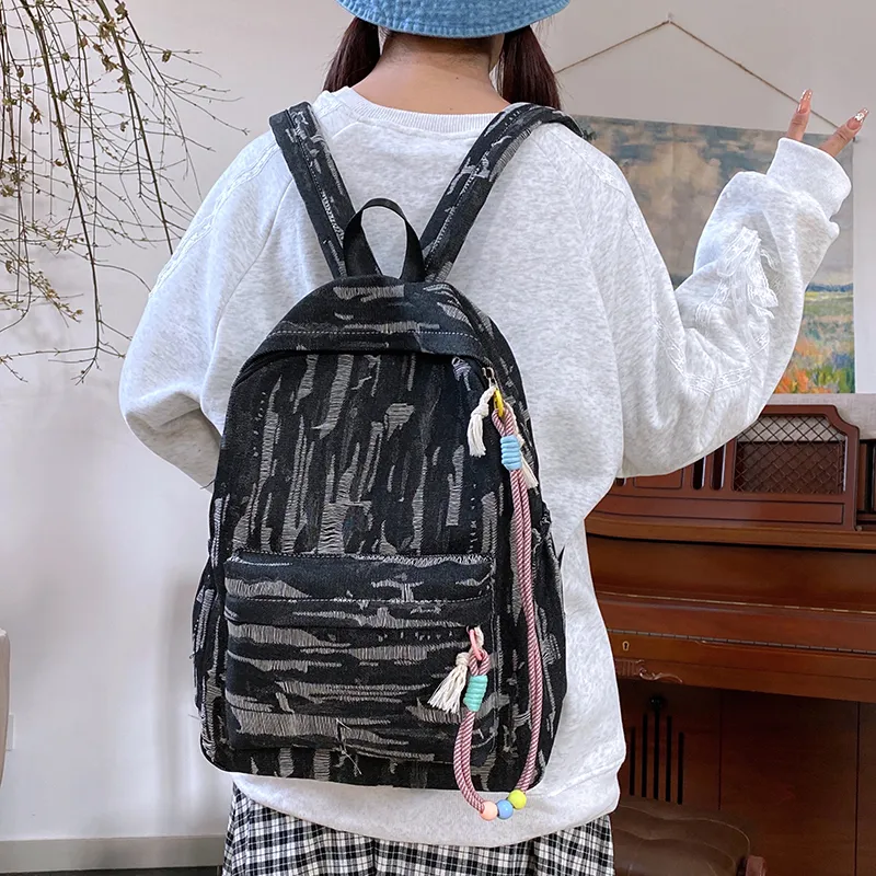 SEVENMOONS Denim Backpack Unisex Light Blue/Black/Dark Blue-4