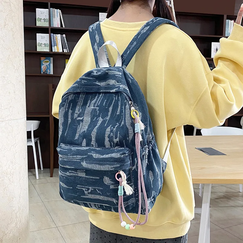 SEVENMOONS Denim Backpack Unisex Light Blue/Black/Dark Blue-2