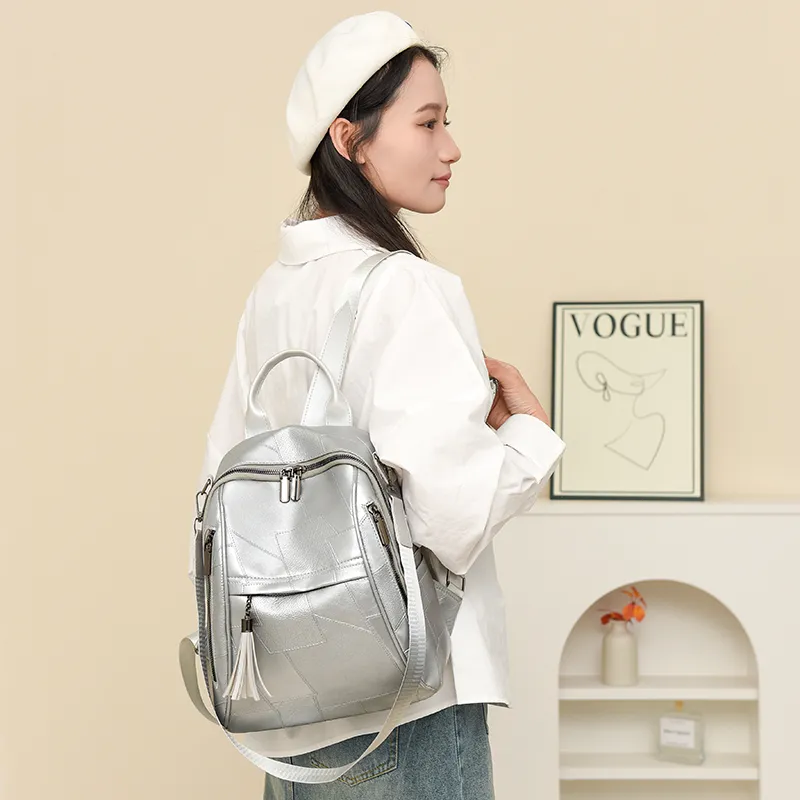 SEVENMOONS PU Backpack Unisex Ecru/Silver/Black/Dark Brown-3