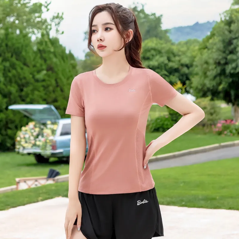 Barbie Yoga T Shirts Women's Peach Pink-6