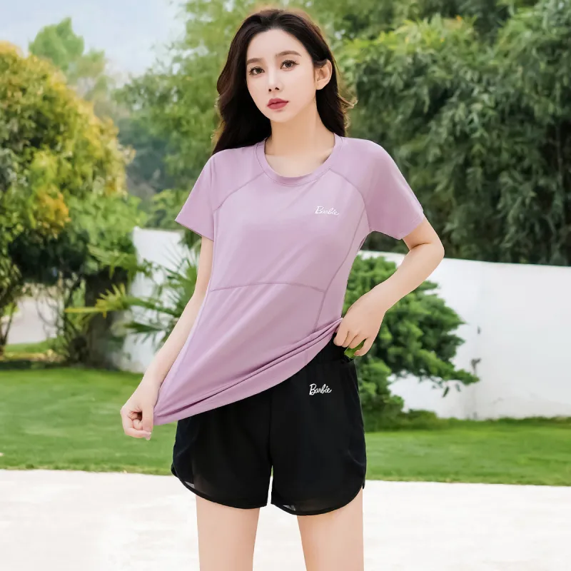 Barbie Yoga T Shirts Women's Coral Pink In Motion-4