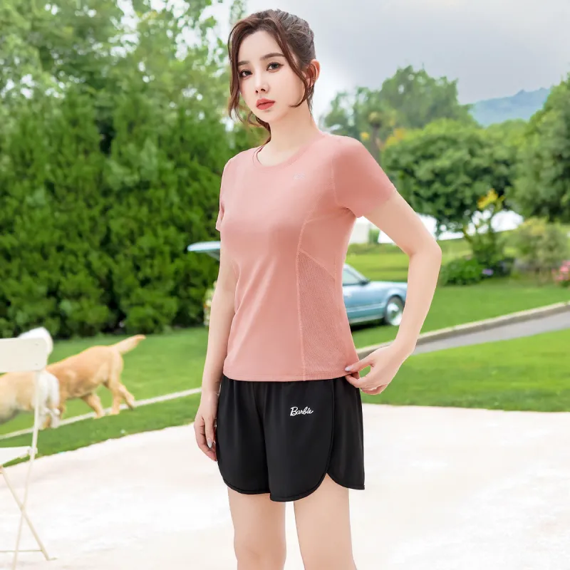 Barbie Yoga T Shirts Women's Peach Pink-4