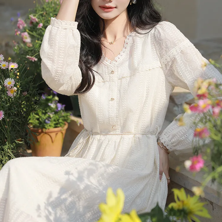 Long Sleeved Dresses Women's Beige-1