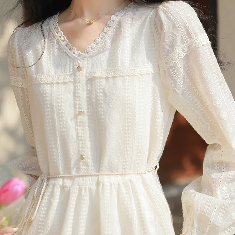 Long Sleeved Dresses Women's Beige-2