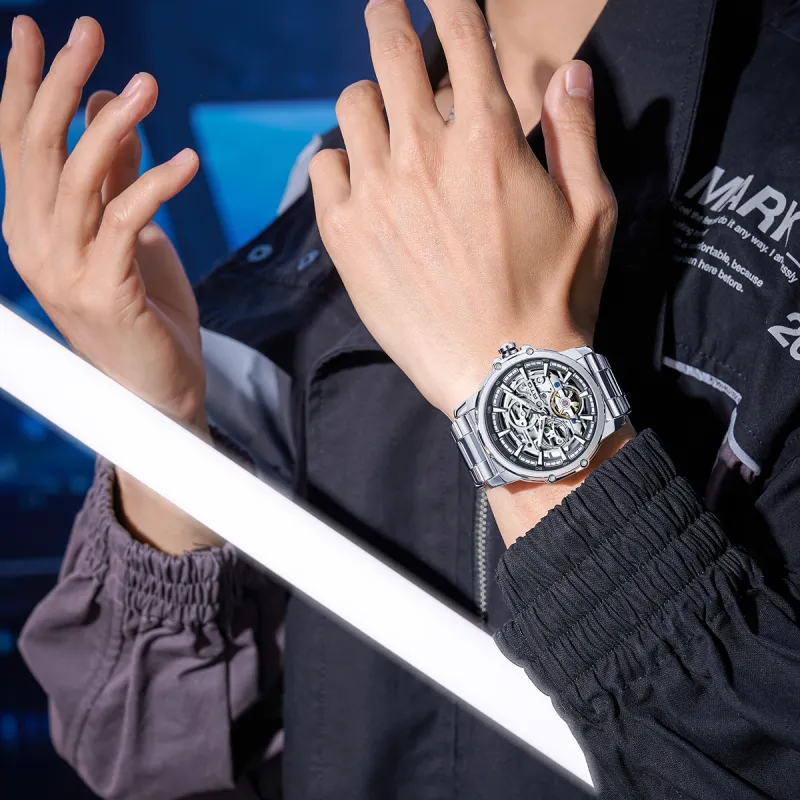ATQ Automatic Mechanical Movement Steel Strap Watch Men's Watches Cut Out Dial-4