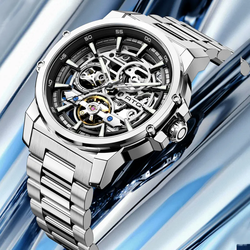 ATQ Automatic Mechanical Movement Steel Strap Watch Men's Watches Cut Out Dial-2