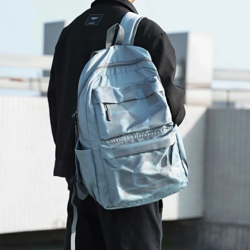 SAIQI Oxford Double Shoulder Backpack Regular Unisex Gray Blue-5